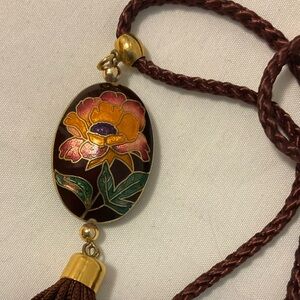 Vintage 70s Cloisonné Enamel Floral Pendant on Brown Cord Boho Asian Necklace